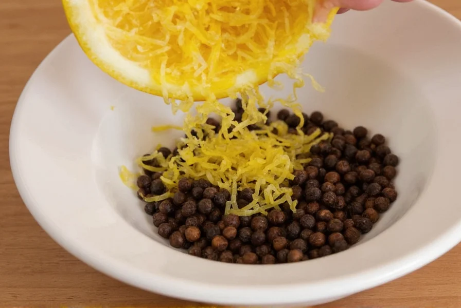Close-up of fresh lemon zest being grated into a bowl with black peppercorns
