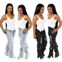 

Custom 2019 latest women plus size fancy damaged jeans for girl loose wide leg jean pants