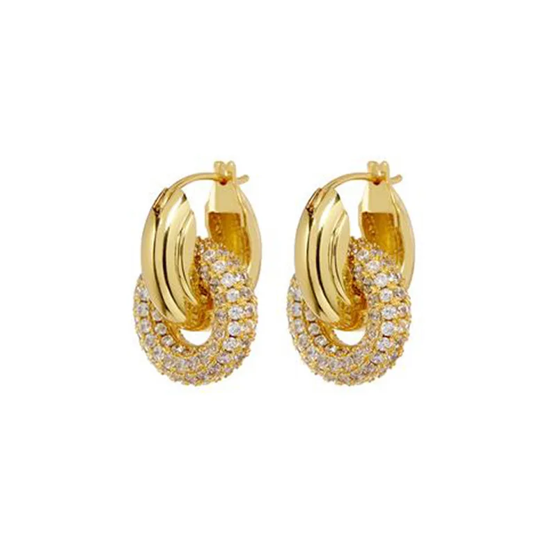 

European Micro Inlay Rhinestone Hoop Earrings Gold Plated Brass INS Vintage Full Diamond Double Circle Hoop Earrings Women 2021