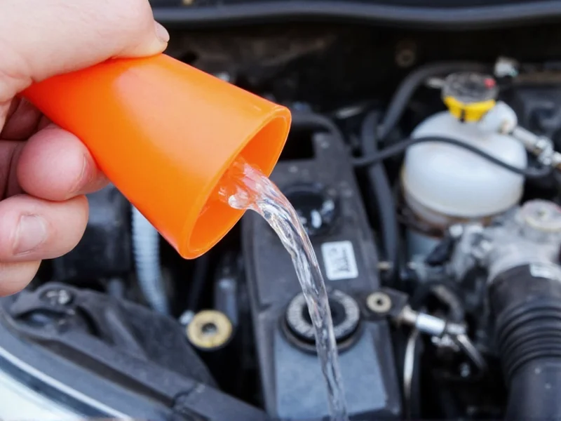 Pouring homemade washer fluid into car reservoir with funnel