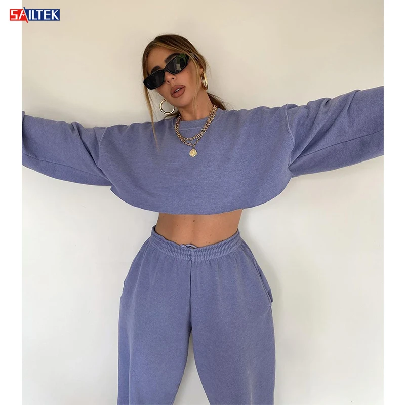 

2021 high quality custom cropped hoodie woman comfy cotton womens crop top hoodie and sweatpants