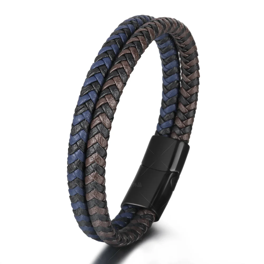 

Amazon Stainless Steel Magnetic Buckle Double Layers Braided Leather Bracelet Multi Layers PU Leather Wristband Bracelet