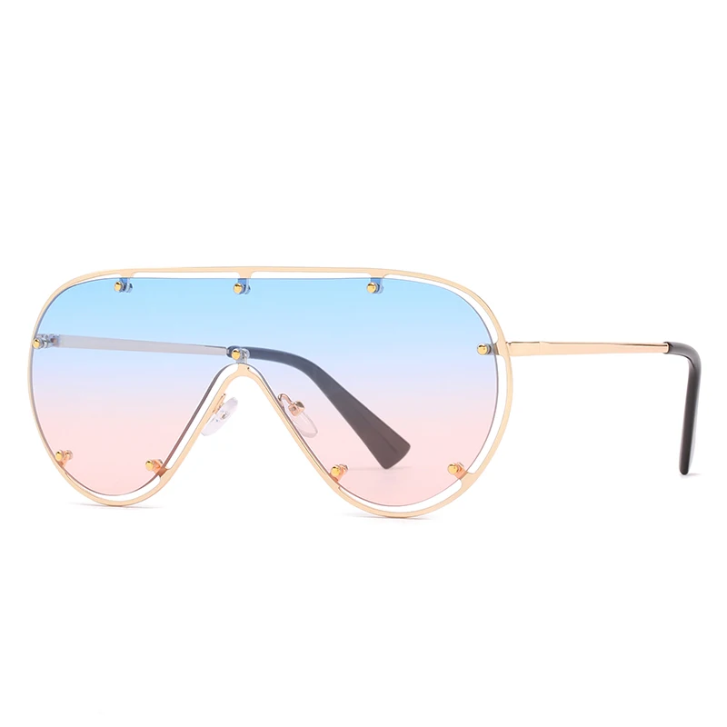 

High Quality Oversized Pilot Style Gorgeous Frames Rivet Gold Color Metal Frame One Piece Colorful Lens Sunglasses
