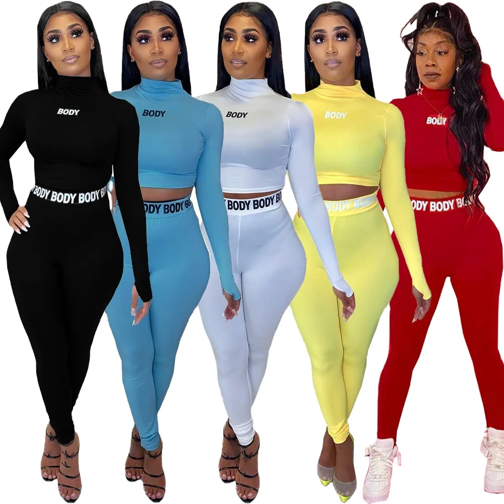 

Hot Selling Letter Print Crop Tops Longs Leeve Bodycon Spring Autumn Casual Jogger Workout 2pcs Set Women Two Piece Sets, Picture color