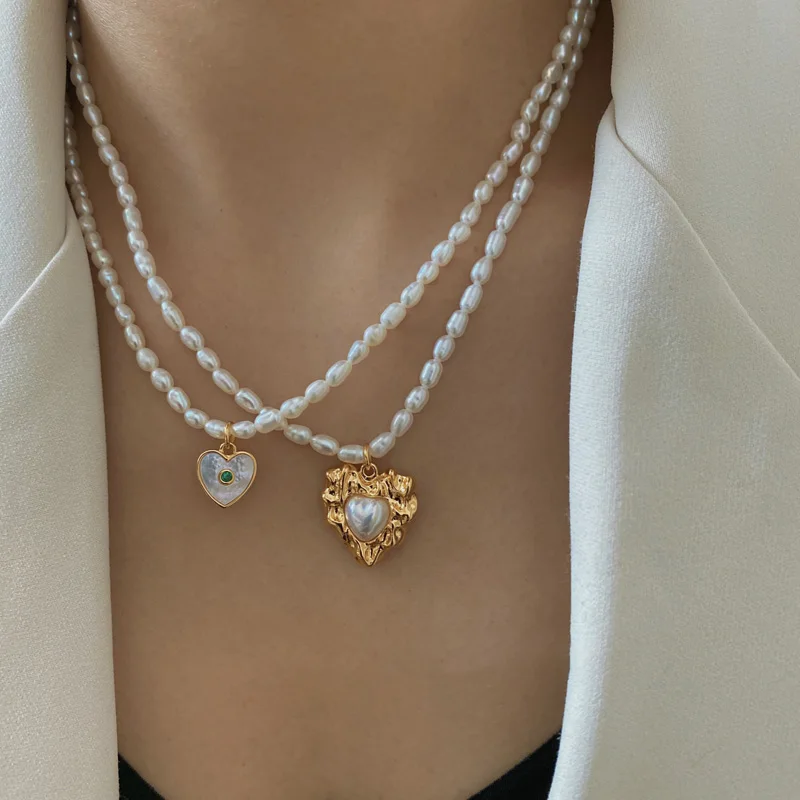 

5 Designs Beaded Natural Freshwater Pearl Wrinkle Love Heart Necklace Zircon White Shell Choker Necklaces Vintage Luxury Jewelry