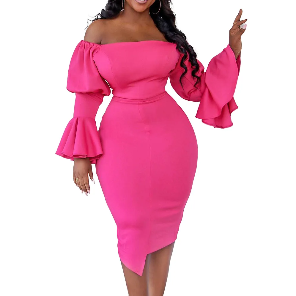 

Wholesale Plus Size Women'S Amazon Spring And Summer Bell Sleeves Hip Tight Fashion European And American Ruffles Dresses, 6 colors