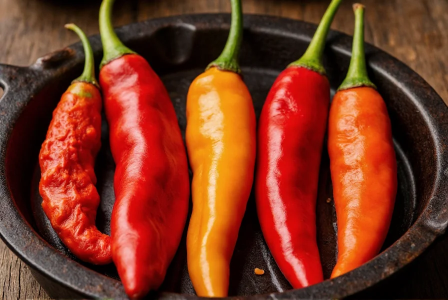 Five different chili varieties in cast iron pots showing distinct colors and textures