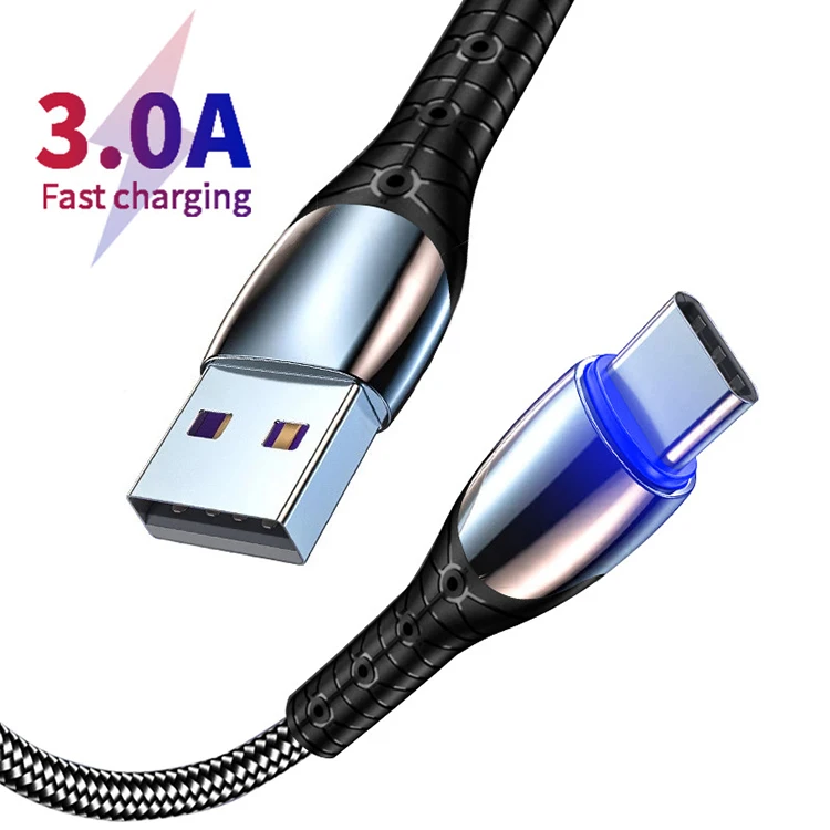 

Wholesale Heavy Duty Zinc Alloy Flat Sync Data Cable Charging Type C Micro USB Charger Cable With Light, Black, red, blue