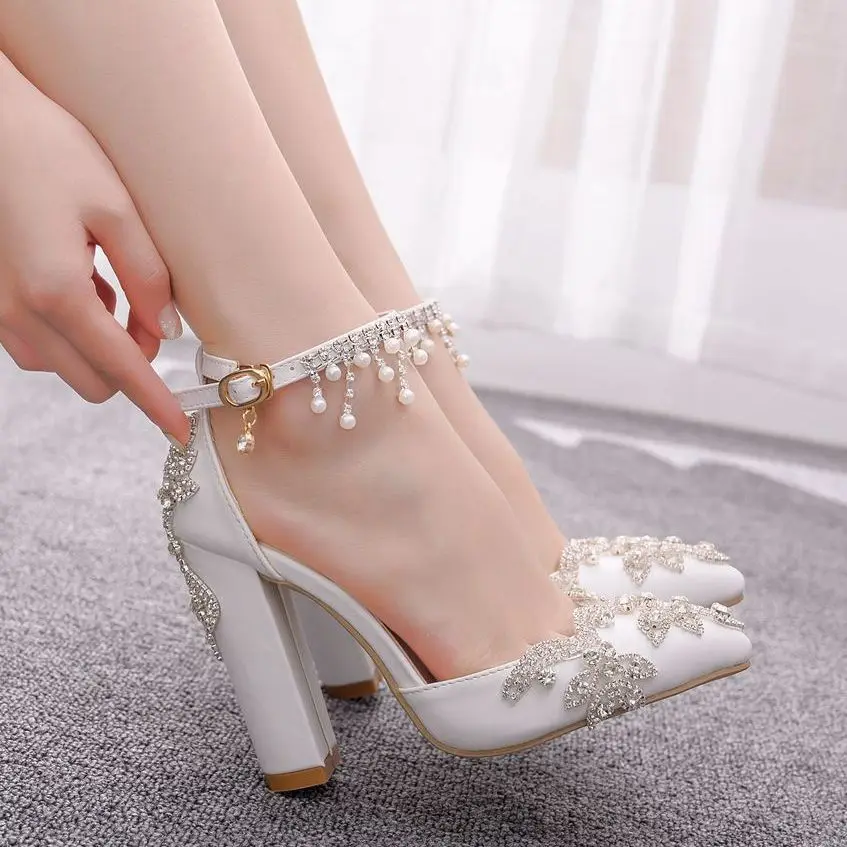 

S599F New white pointed crystal thick-heeled ultra-high-heeled buckle fringed rhinestone women ladies wedding shoes, As picture