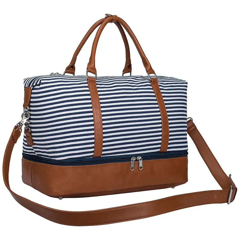 

Fashion striped handbag canvas travel bag storage sports bag wet and dry separation bag