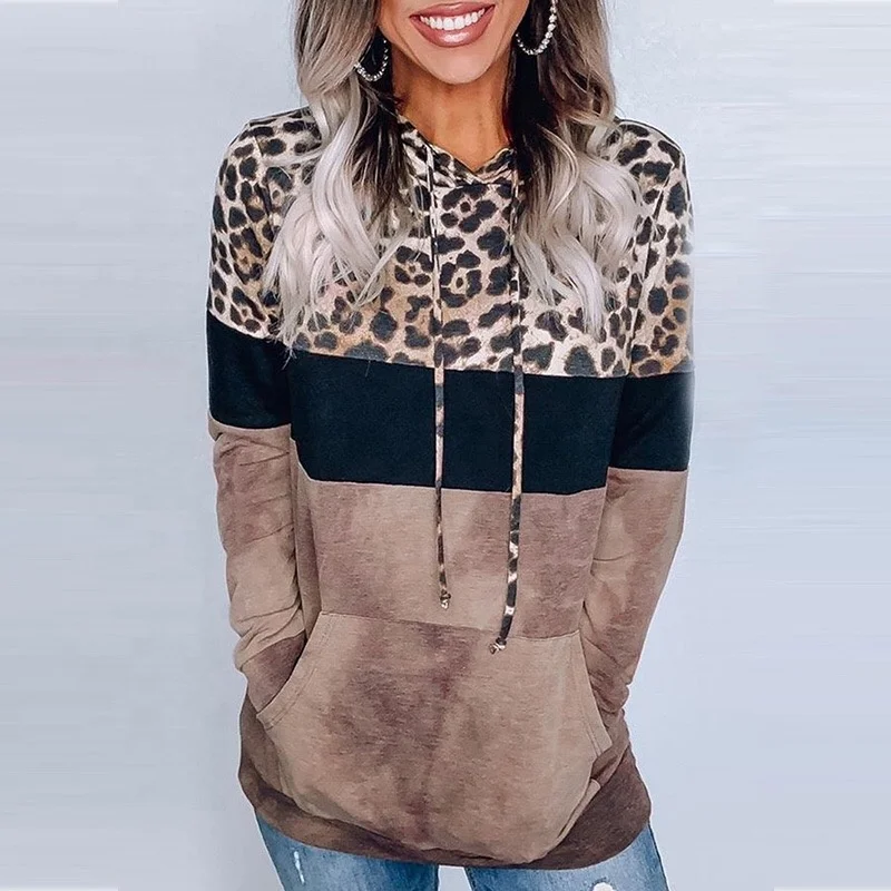 

Free Shipping S47 2021 Fall Women Custom Leopard Printing Pockets Long Sleeve Hoodies & sweatshirts