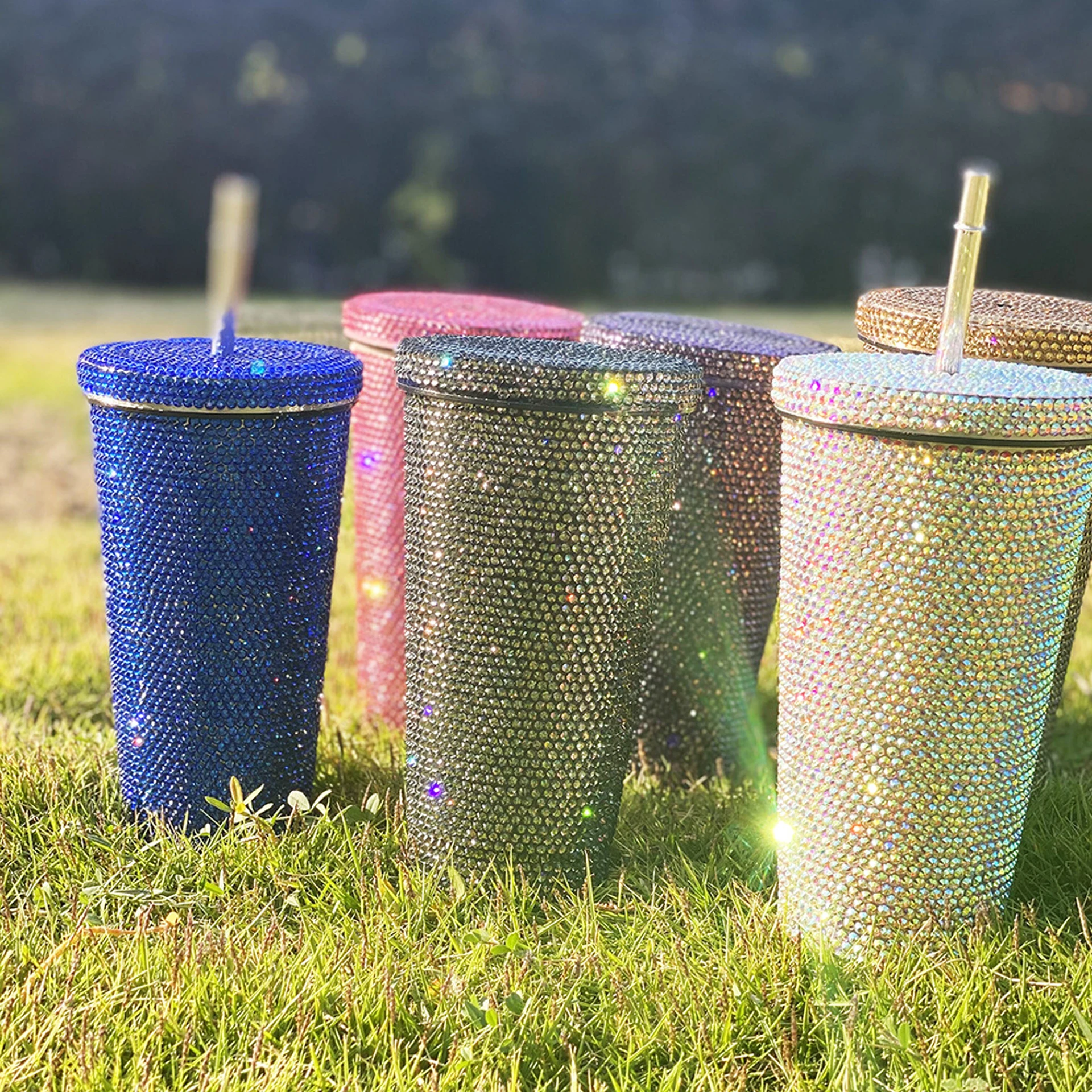 

Stainless steel Unique cup Bling bling rhinestone gem colored beverage coffee cup bottle OEM customer design