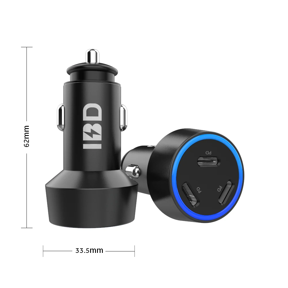 

IBD PD 20W Three Ports Quick Car Charger Fast Charge 20W PD Universal Car Charger Metal 60W With Blue LED