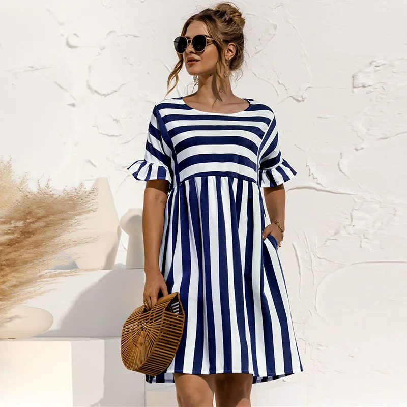 

2022 Summer Women Ruffle Sleeve Striped Patchwork A Line Casual Shein Dress Bulk Clothes O Neck Loose Pocket Dresses Beach Wear