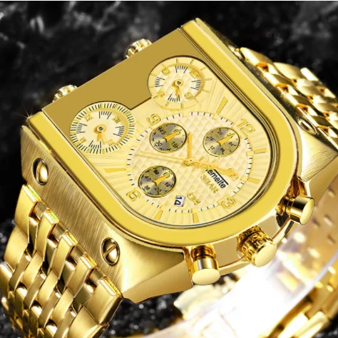 

High End Unique Custom Tonneau Style Fashion Military Three Times Zone Calendar Luxury Steel Belt Golden Mens Quartz Watches