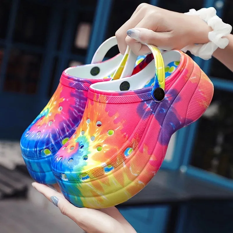 

New Hot Popular Women Platform Clogs 5cm Rainbow Printed colorful High Heel ladies Sandals Clog Slippers