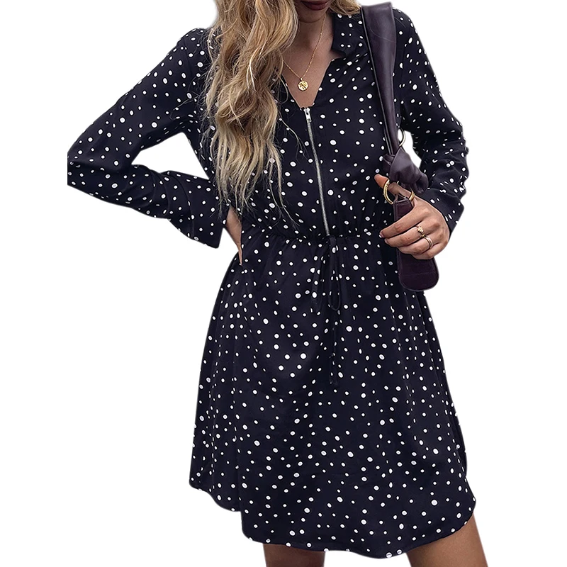 

2021 Fall Dress Lapel Black Polka Dot Print Casual Loose Ladies Long Sleeve Dress