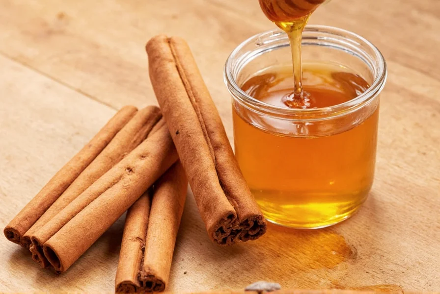 Measuring spoons with cinnamon and honey on wooden kitchen surface