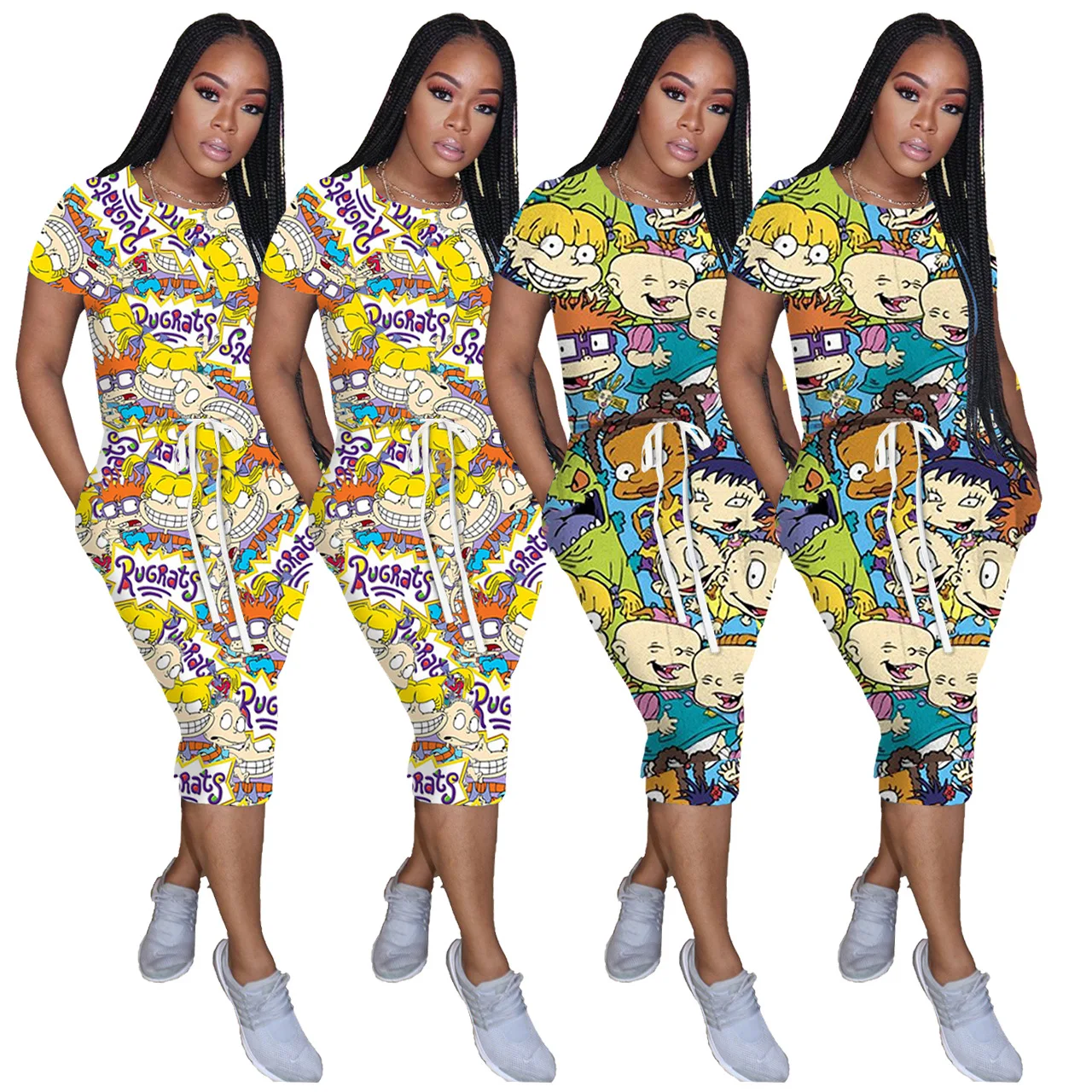 

2021 Summer Hot Selling Women Fashion Rugrats Casual Cartoon Printed Short Sleeve Adjustable Waist Vintage Bandage Dress, Picture