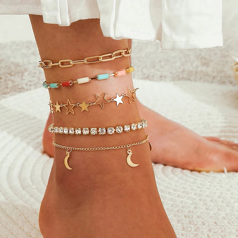 

Bohemian Retro full Zircon Chain Five pcs/set Star Moon Anklet Set for Women