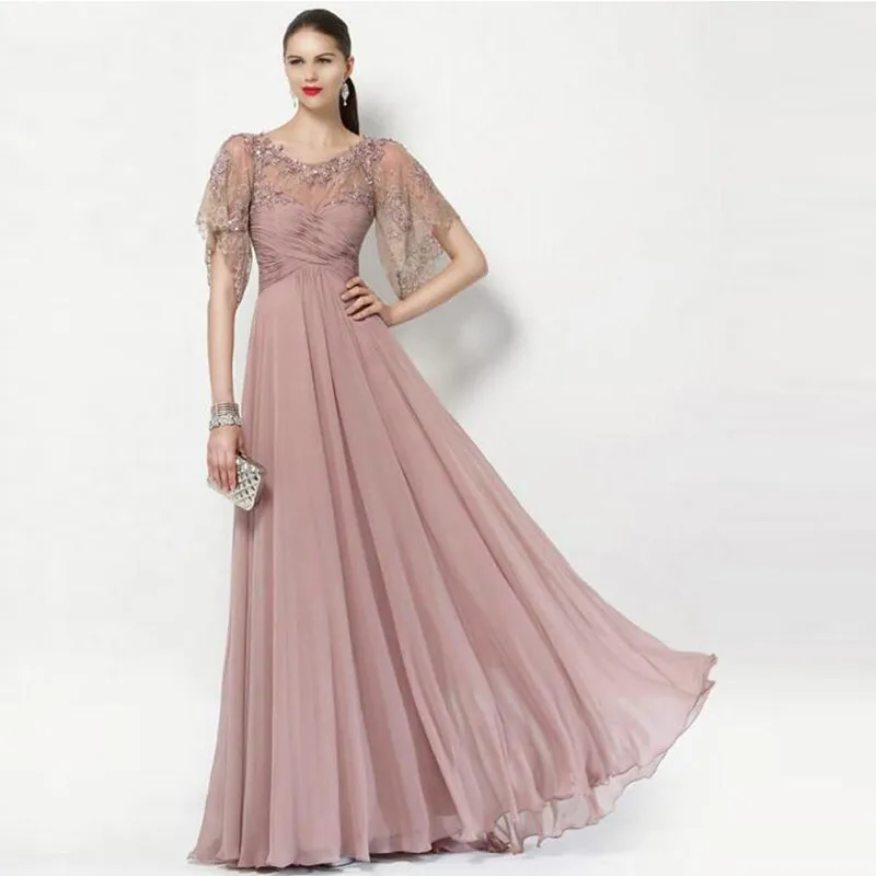 

Blush Pink Mother Of The Bride Dresses O-Neck Beading Sequins Ruched Short Sleeve A-Line Lace Chiffon Wedding Prom Evening Gowns