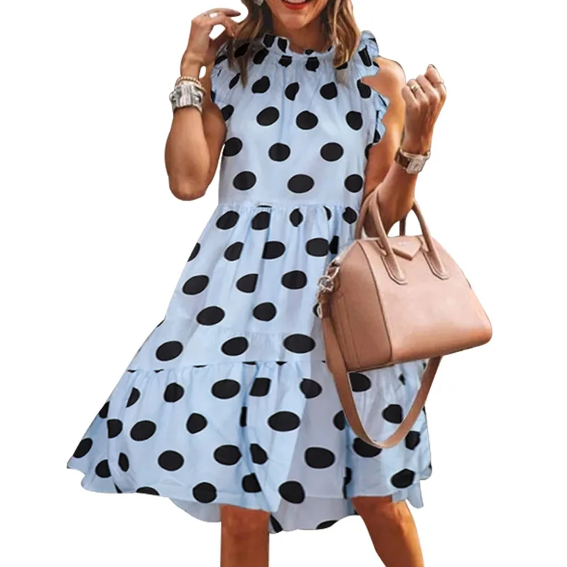 

Women's Summer New Elegant Cute Polka Dot Colorblock Frill Casual Party Beach Mini Loose Dress
