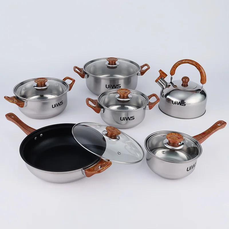 Factory Supply Wood Grain Handle 12pcs Stainless Steel Non-stick Cookware Set with Kettle&fry Pan