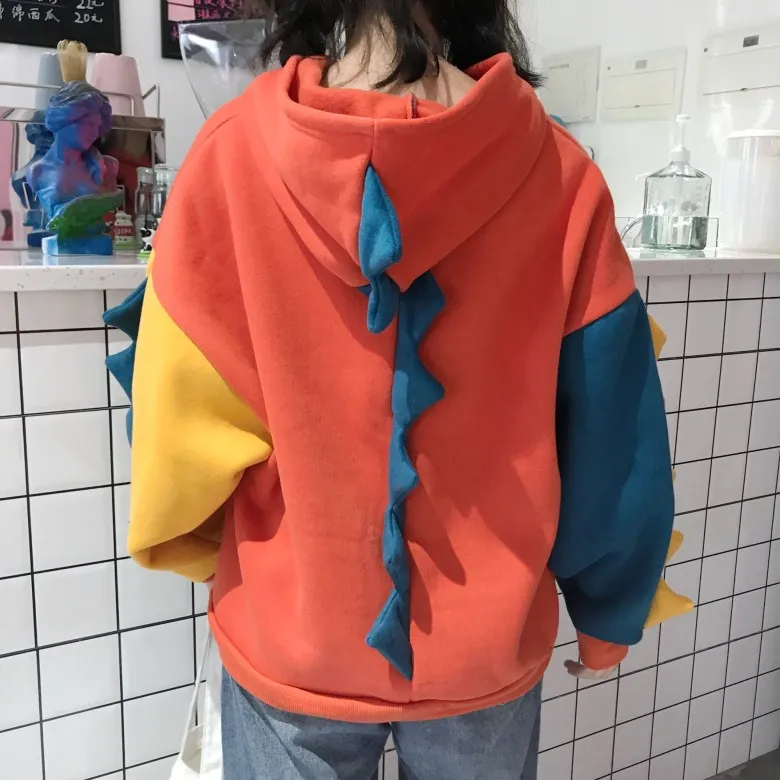 

Cute Hoodies Patchwork Winter Harajuku Kawaii Sweatshirt Women Oversize Hooded Pullover Dinosaur Cos Tops Tracksuit Sudadera New