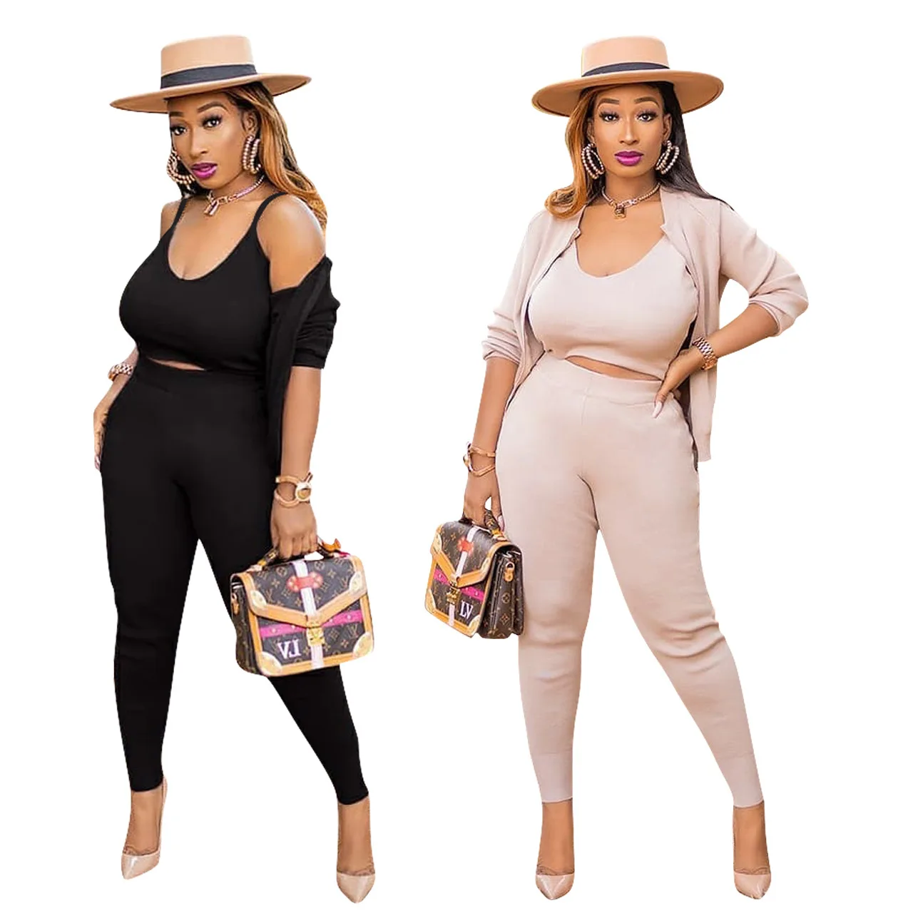

Wholesale casual solid color camisole jacket three piece sweat suits women, Black,khaki