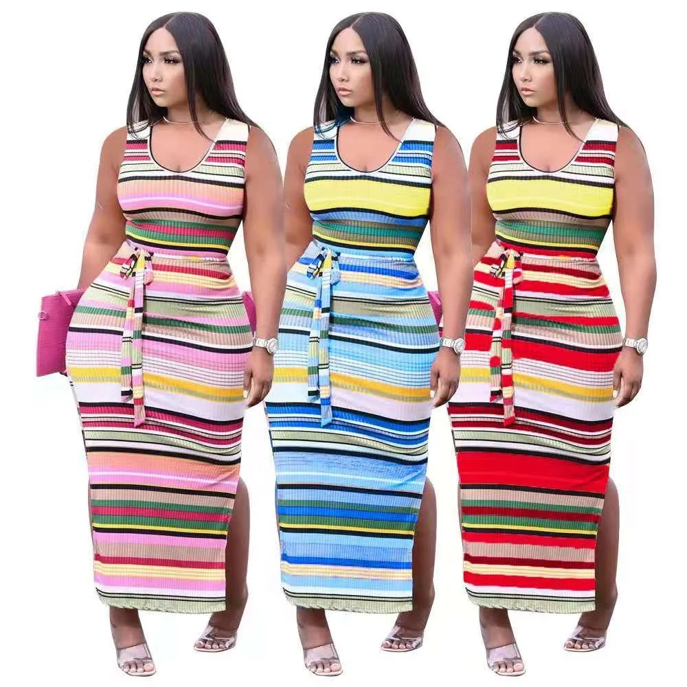 

2021 Women Clothing Pit Striped Rainbow Stripe Printed Casual Ladies Dresses short sleeve stripe bodycon maxi Summer dress, Picture color