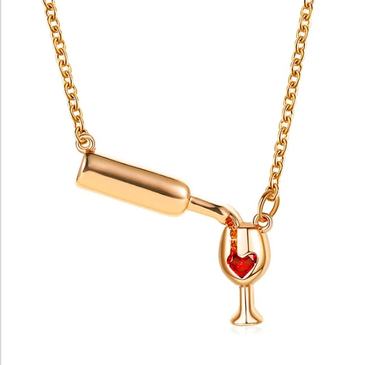 

Fashion jewelry design wine bottle necklace heart diamond pendant necklace red wine bottle goblet ladies necklace, Gold/silver color