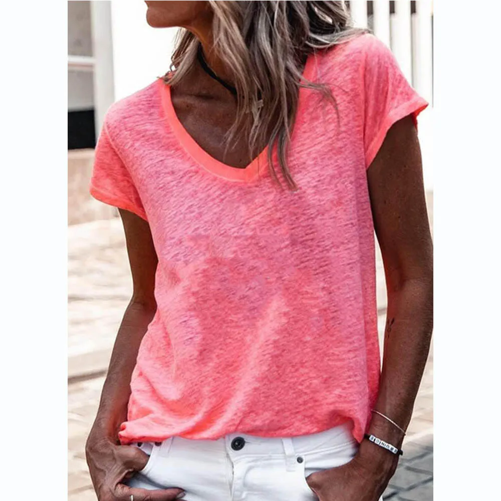 

KY hot sale burnout Solid V-Neck Short Sleeves T-shirts top