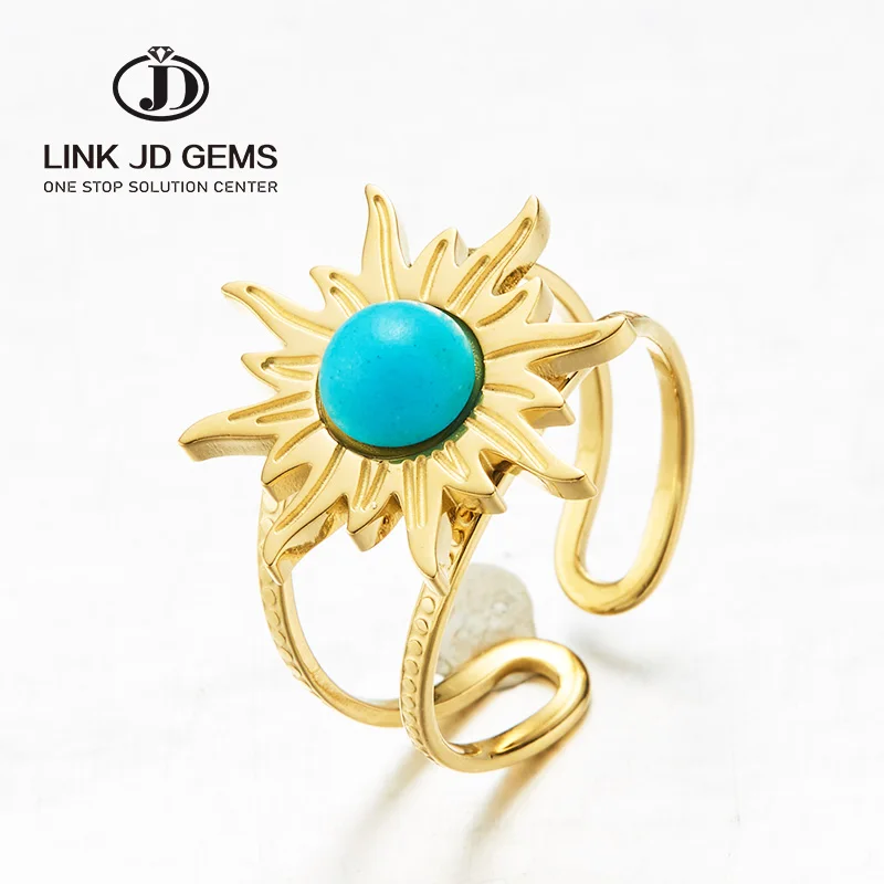 

Wholesale 18K Gold Plated Jewelry Blue Turquoise Gemstone Ring Sun Shape Stainless Steel Cuff Ring for Christmas Gifts