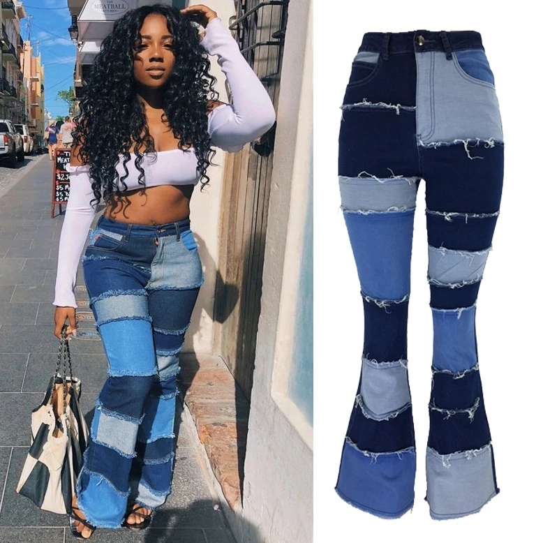 

Ladies Fashion Jeans Plus Size Bell Bottom Jeans Patchwork Women Distressed Jeans, Dark blue,gray