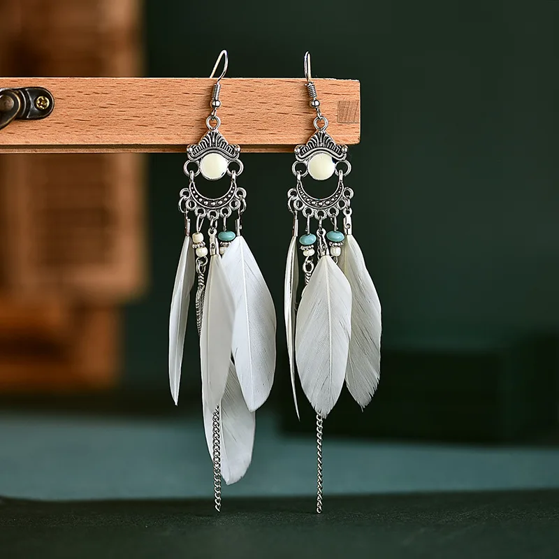 

2021 wholesale Bohemian Feather For Women Brincos Jewelry Long Tassel Silver Color Alloy Dangle Earrings