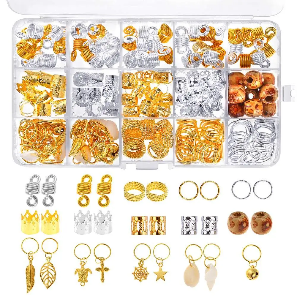 

229 pcs braiding hair Rings Tubes Beads Silver Gold Metal Hair Cuffs Dreadlocks Jewelry Accessories Kit For Hair Decoration, Golden