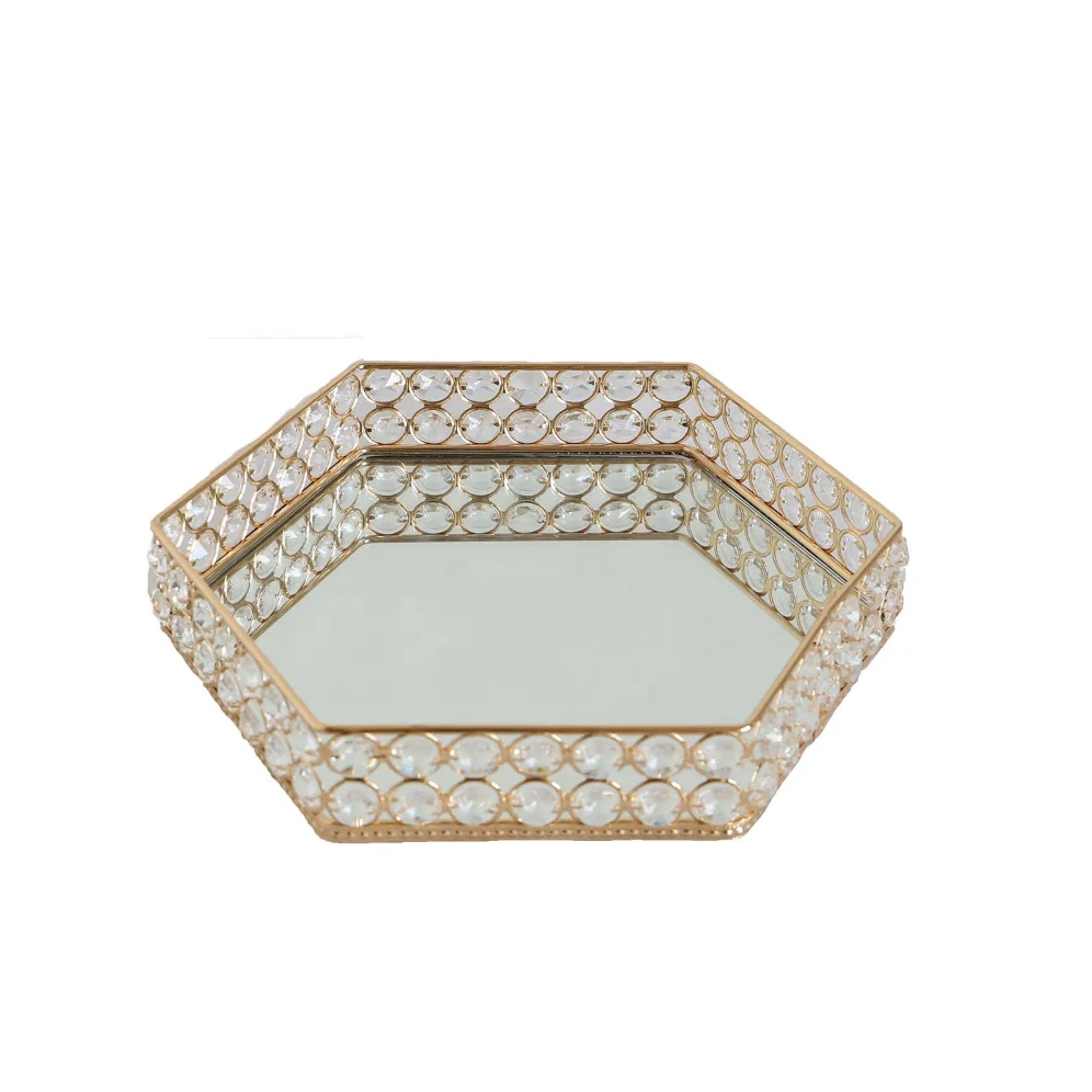 

Wholesale Cosmetic Finishing Metal Plating European Style Hexagon Iron Art Crystal Beads Mirror Tray decorative mirror tray, Gold,silver