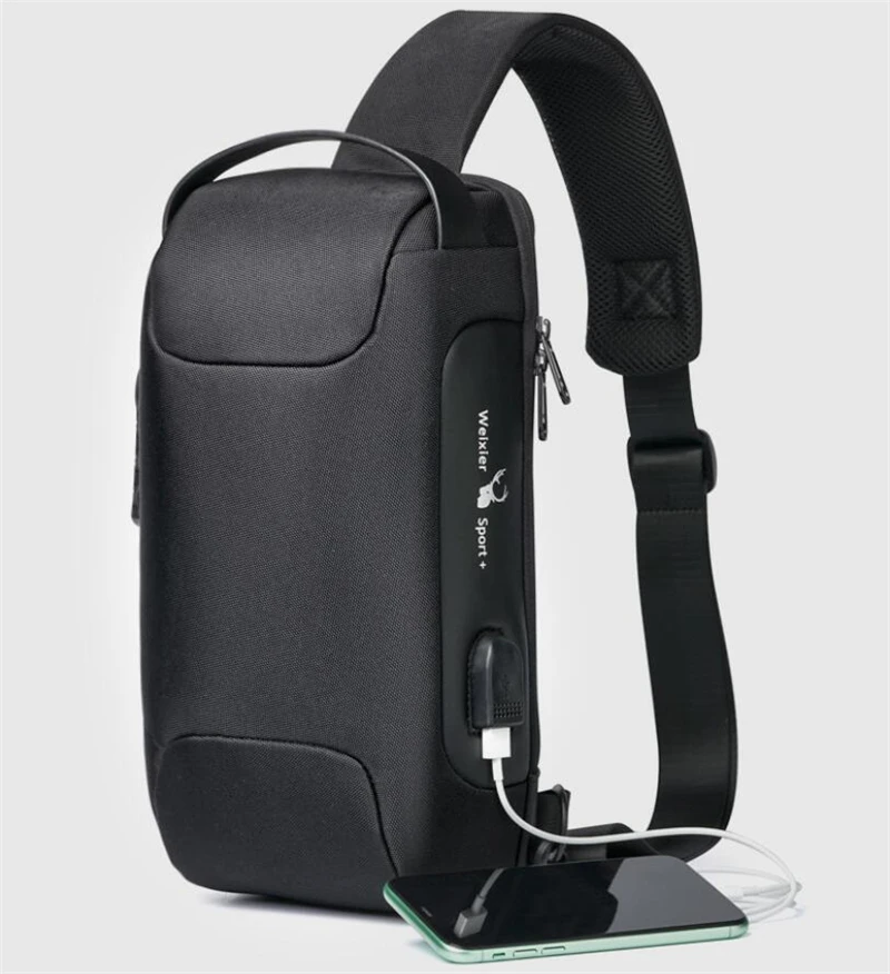 

Wholesale sport multi function waterproof single shoulder USB designer man chest bag, Black, camouflage, blue, green