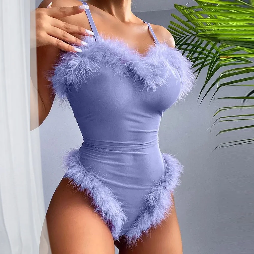 

2021 multicolor Sheer Mesh Bandeau feather Teddy Bodysuit women lingerie hot