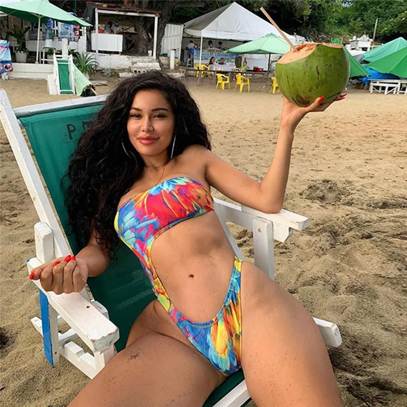 

One Piece Swimsuit Women Hollow Out Swimwear Print strapless Body suit Push Up Bathing Suits