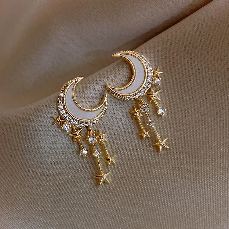 

Wholesale popular 18k gold plated crystal rhinestone dangle stars drop moon earrings for women