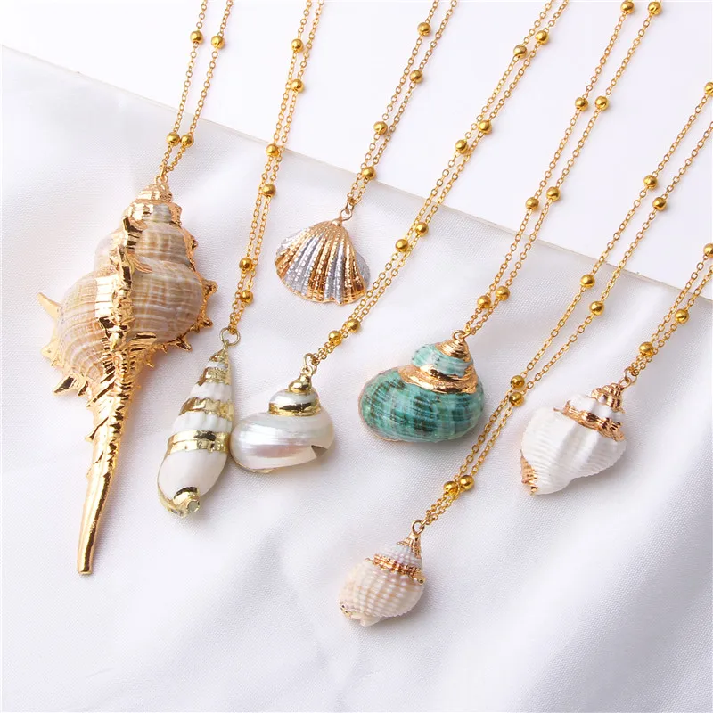 

Boho Natural Sea Conch Necklace Gold Chain Cowrie Shell Pendant Necklace for Summer Beach Jewelry, As pictures