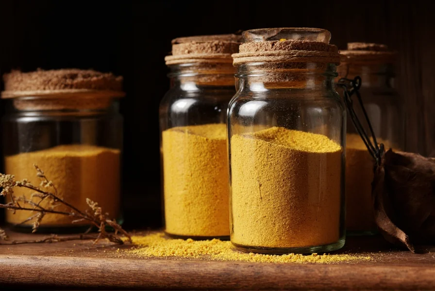 Glass jar filled with golden ginger powder stored in dark pantry