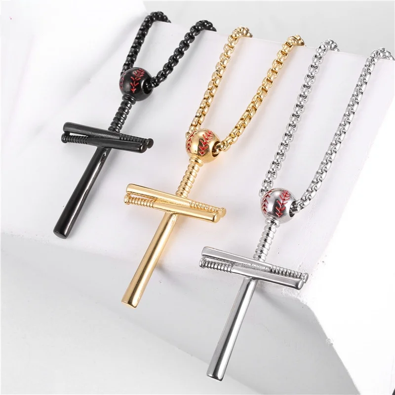 

Baseball Bat Cross Pendant for Men Stainless Steel Necklace Punk Religious Male Jewelry Sport Lover Ornaments, Picture shows