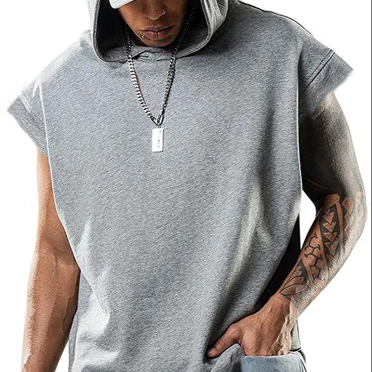 

JS4566 Manufacturers Supply Cotton  Army Green Blue Black Gray Red Breathable Mens Hooded Sleeveless T-shirts, As shown