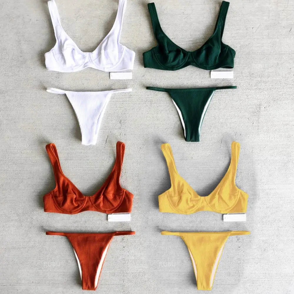 

Guangzhou Swim Wear Manufacturer Solid Color Thong Bikini Ribbed Swimwear Beachwear, Free