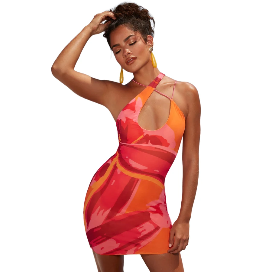 

K21D06139 Autumn Fashion Print Aesthetic Dress Hollow Backless Sleeveless Halter Female Sexy Club Dress