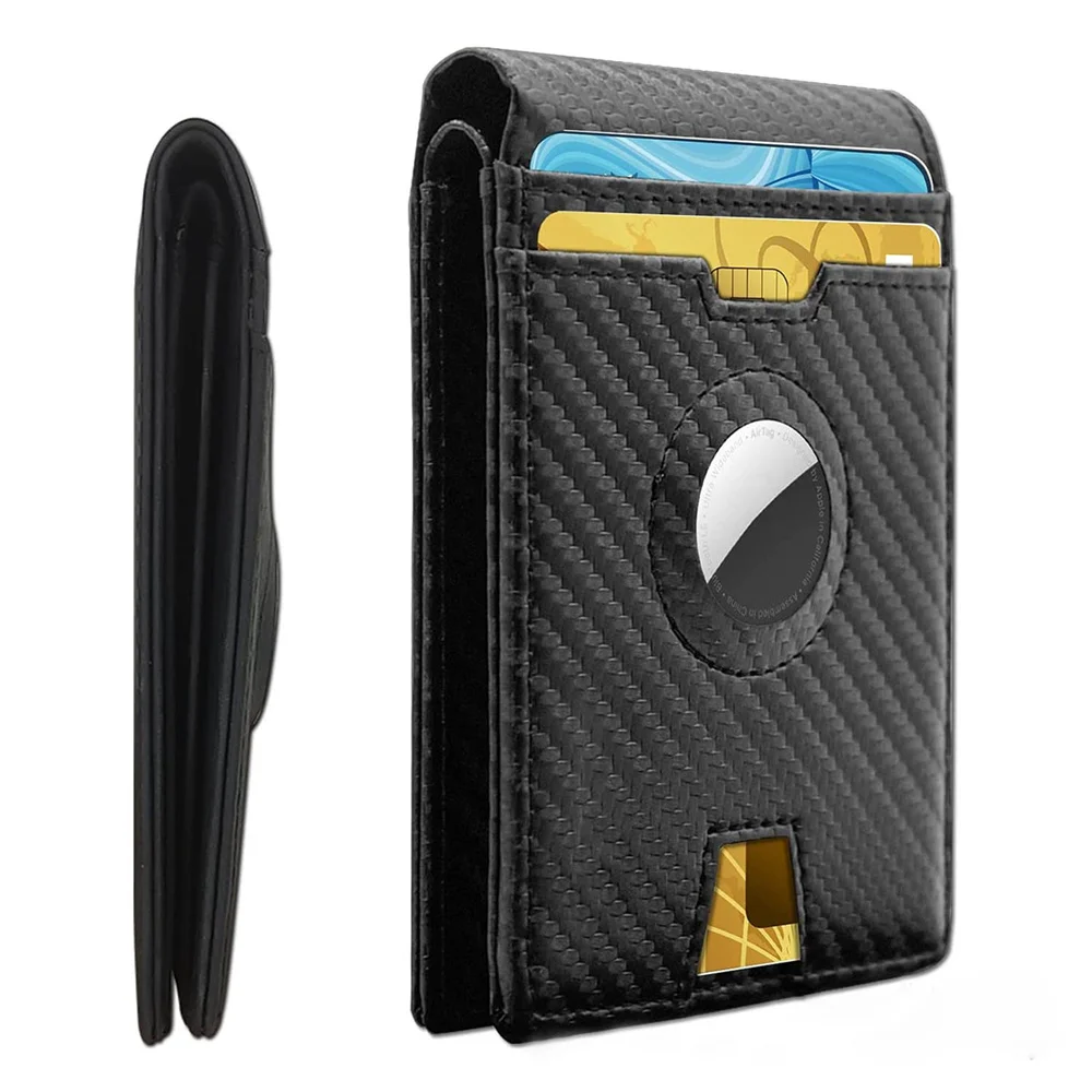 

New Leather Air Tag Location Tracker RFID Wallet Carbon Fiber Pattern Men's Short Anti-theft Wallet