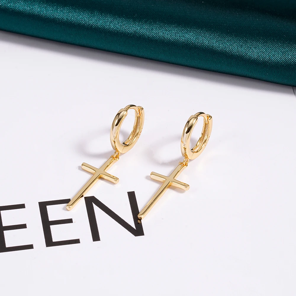 

Bohemian 18k Gold Plated Jewelry 925 Sterling Silver Big Cross Dangling Drop Hoop Earrings For Women