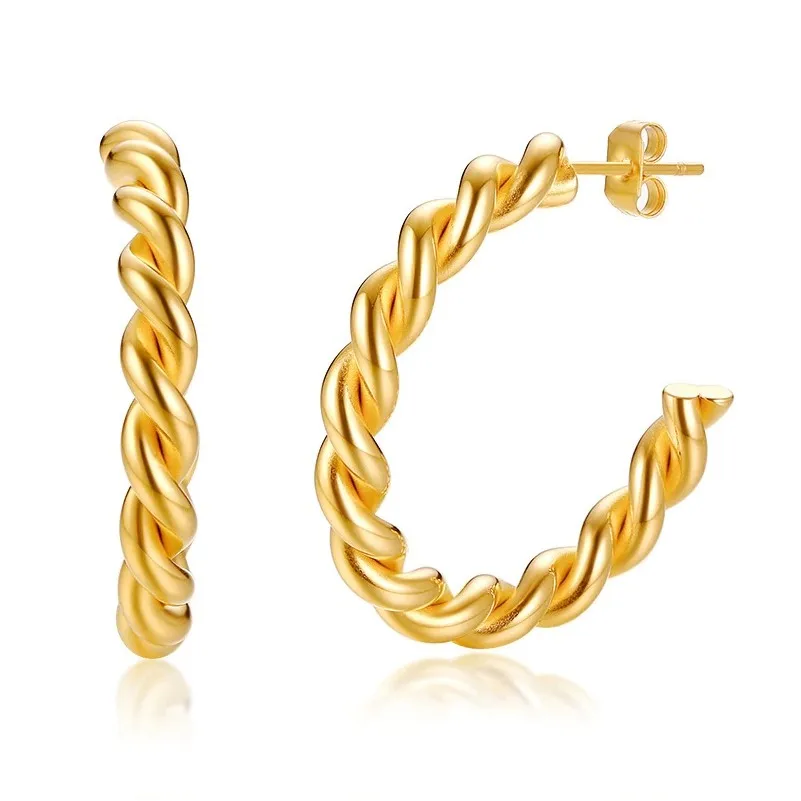 

18K Gold Plated Filled Minimalist Simple Thick C Shape Middle Twisted Open Chunky Rope Hoop Earrings For Women Everyday